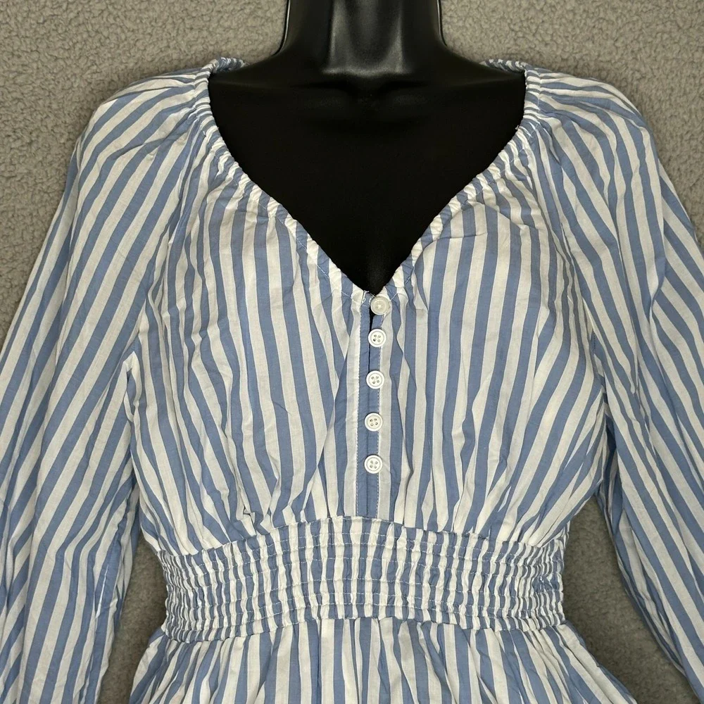 J.Crew Womens Blue White Stripe Babydoll Blouse XS Long Slv Smocked Waist Cotton - Picture 2 of 12